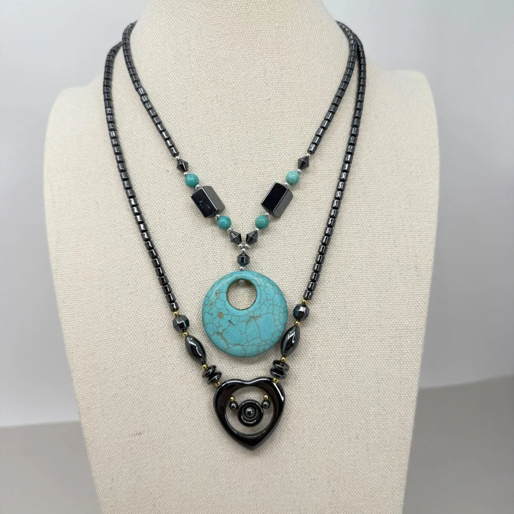 Lot of 2 Hematite Beaded Necklaces Faux Turquoise Donut Heart Magnetic‎ Clasp